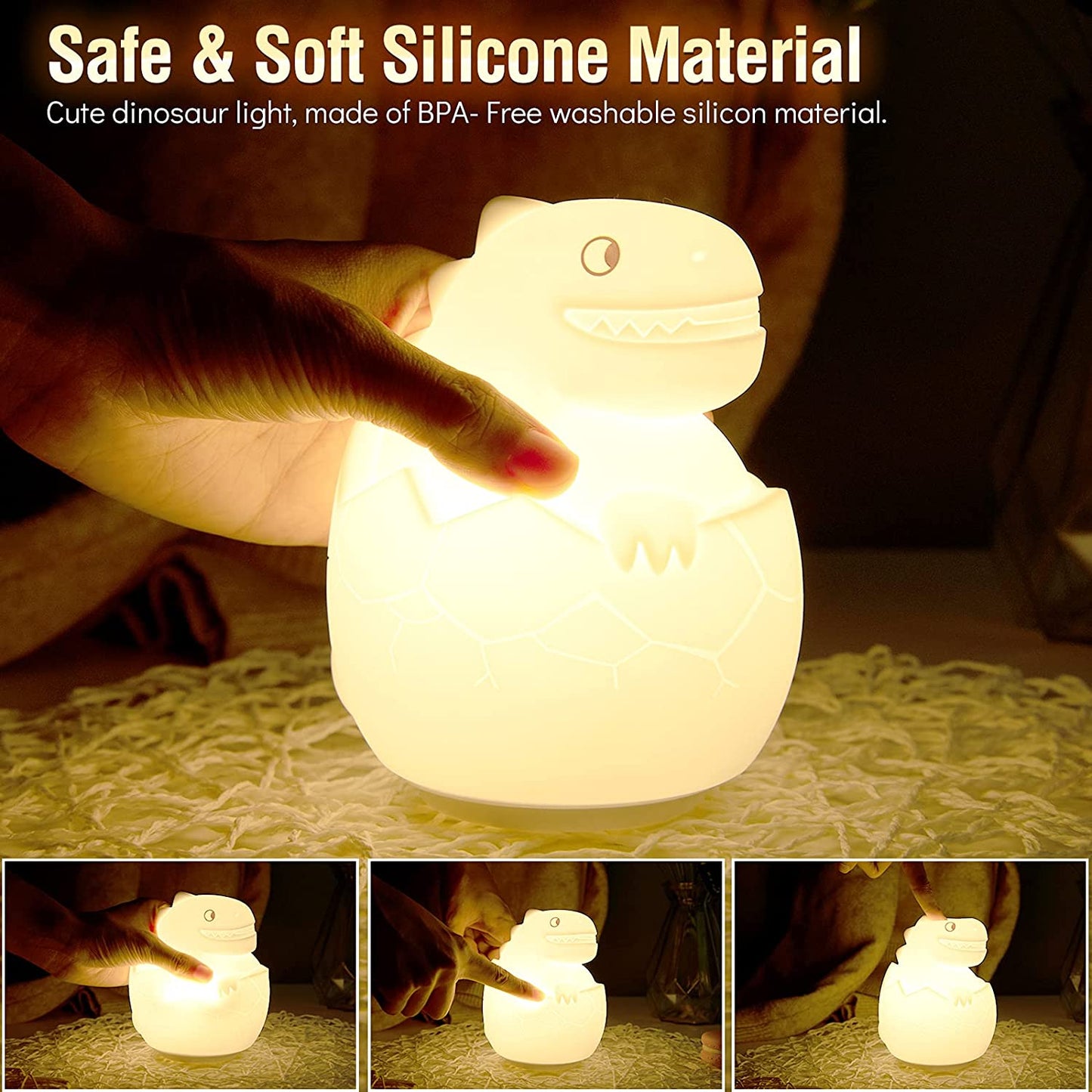 Dinosaur Night Light for Kids Room, BIRUI Cute Dino Lamp Boys Toddler Birthday Gifts Color Changing Battery for Girls Baby Nursery, Portable Squishy Silicon beside Lamp for Children Bedroom (Modern)