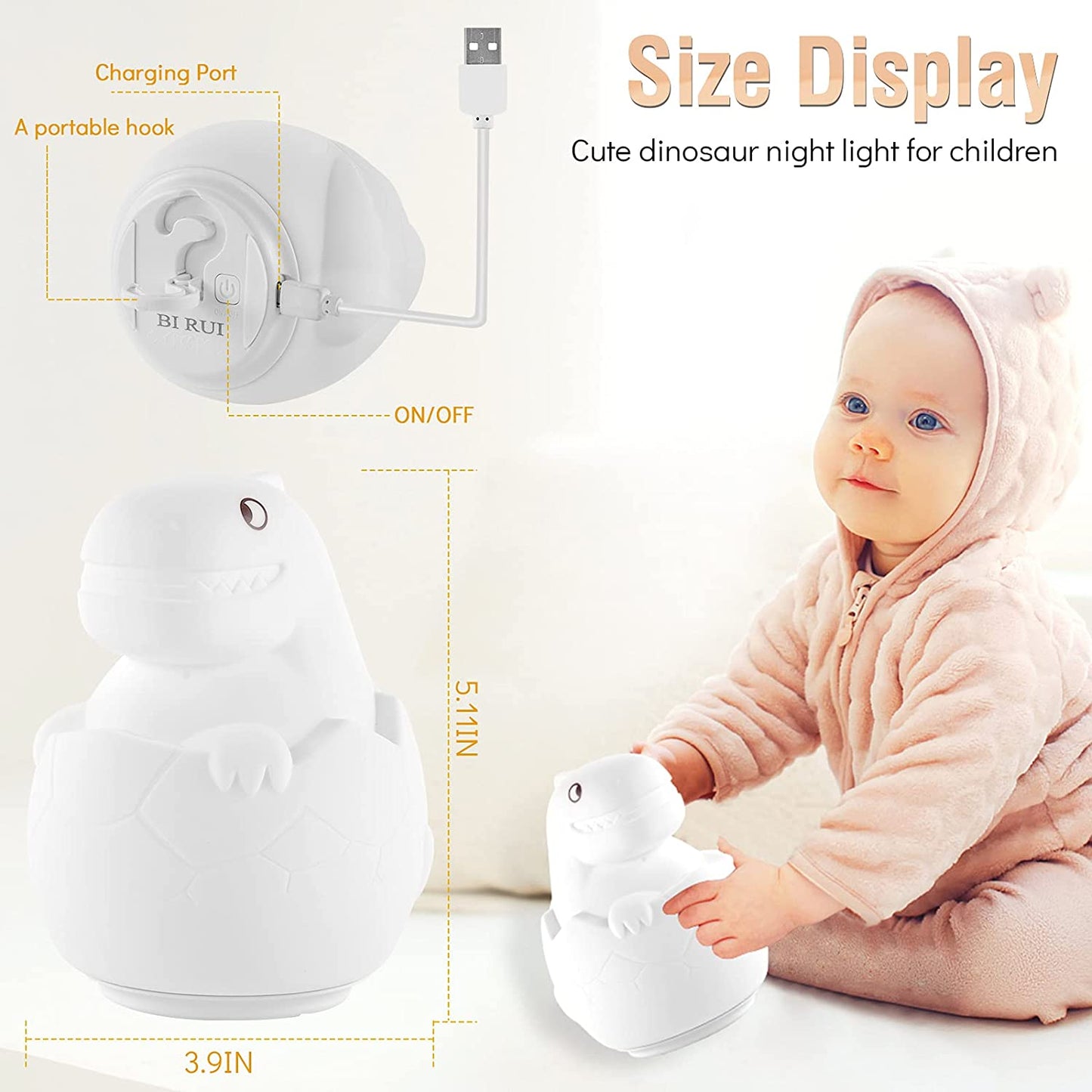 Dinosaur Night Light for Kids Room, BIRUI Cute Dino Lamp Boys Toddler Birthday Gifts Color Changing Battery for Girls Baby Nursery, Portable Squishy Silicon beside Lamp for Children Bedroom (Modern)